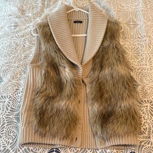 Ann Taylor Cream and Brown Faux Fur Cardigan